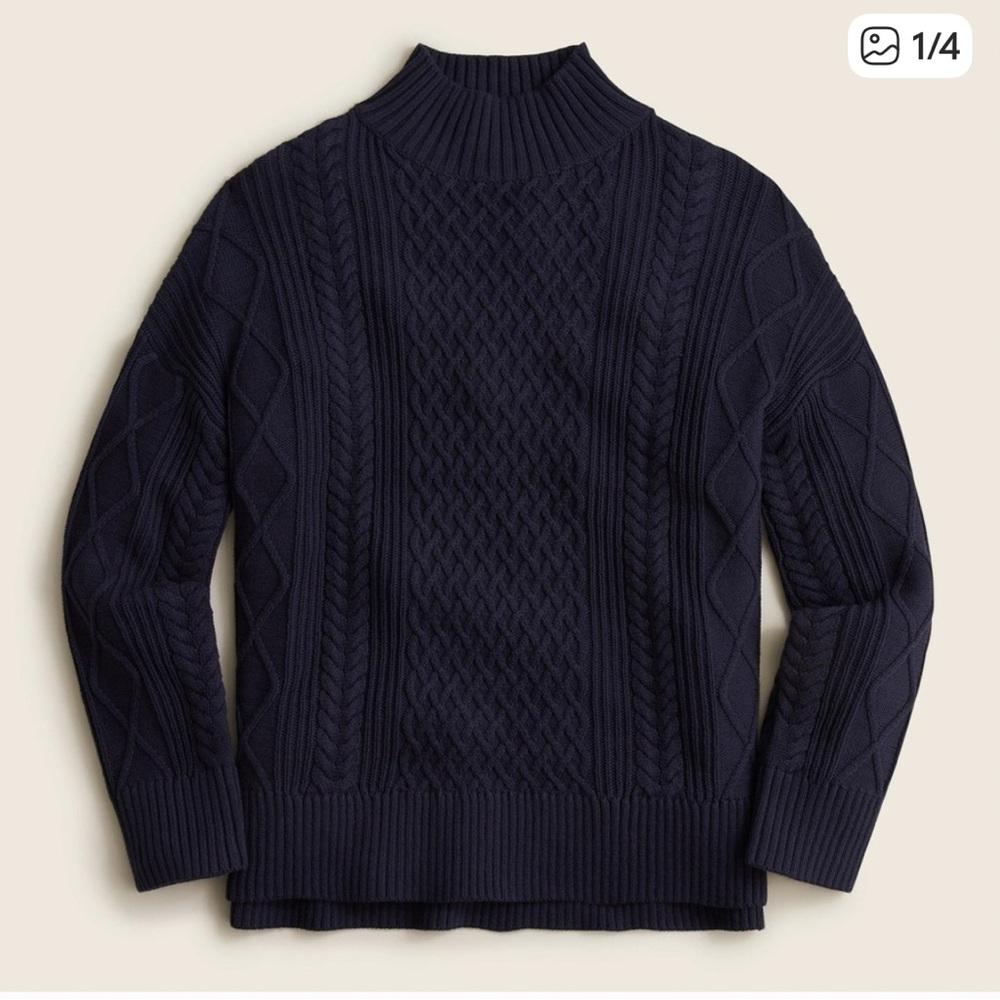 J Crew mock neck Navy Cable Knit Cotton Sweater size Medium